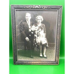 Antique 1920s Framed Photo Man Woman Wedding Roaring Twenties Ornate Wood Frame